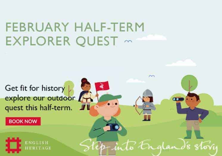 Poster for Half Term Explorer Quest at Pendennis Castle that shows exploring cartoon children