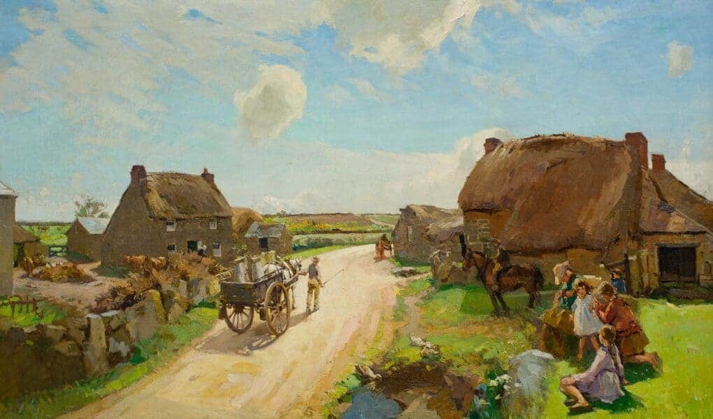 Oil painting showing a small village on a sunny day with a milk cart passing by