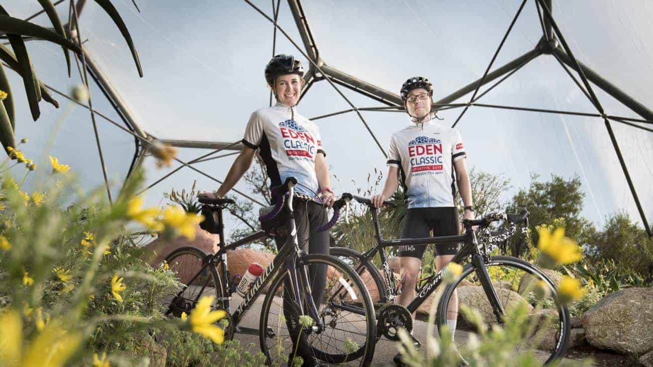 Two cyclists standing beside their bikes in Eden Project During the Eden Classic Sportive Cycling event