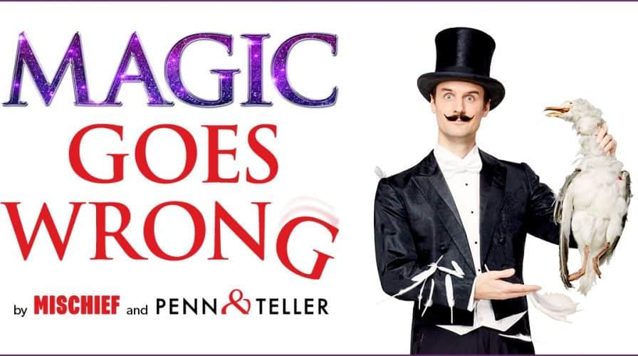 MAGIC GOES WRONG poster showing a magician holding a bird on the neck