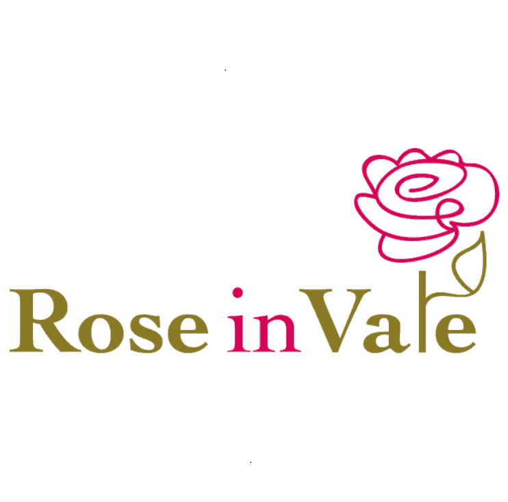 Rose in Vale text logo with stylized flower icon.