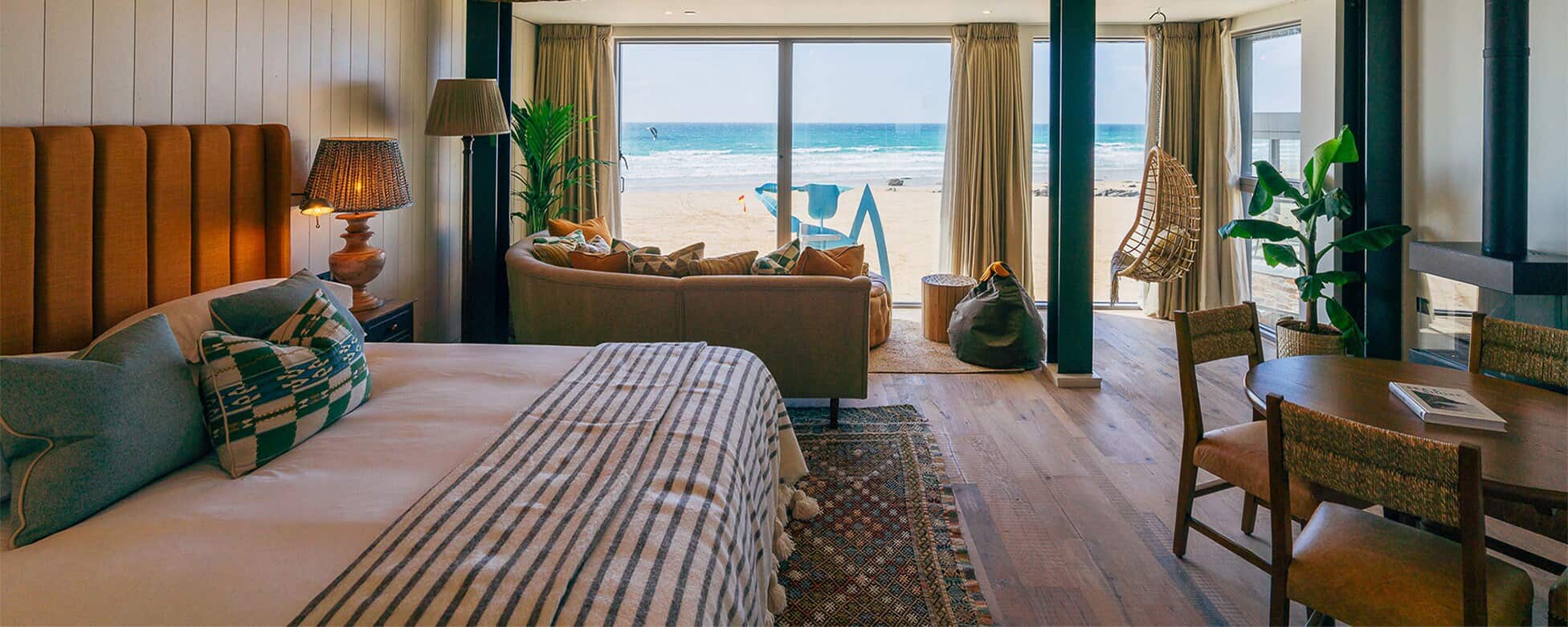 Beachfront hotel room with ocean view.